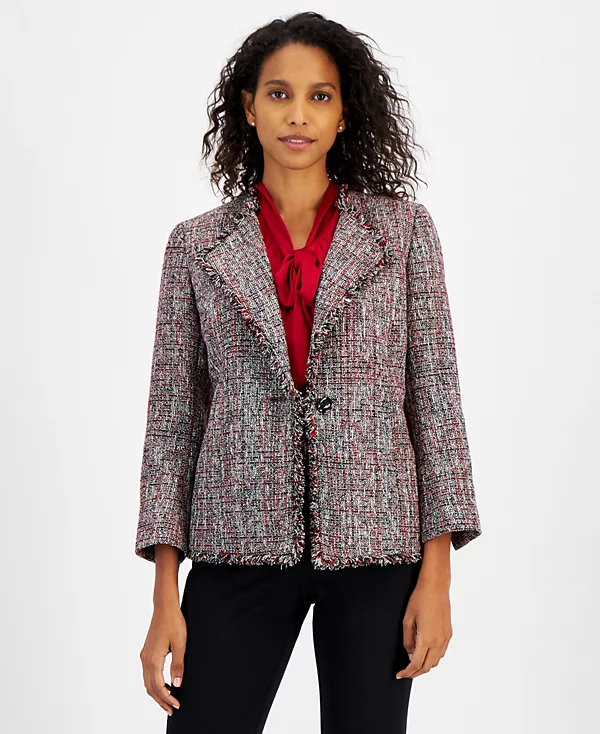 Women's One-Button Fringe Tweed Blazer